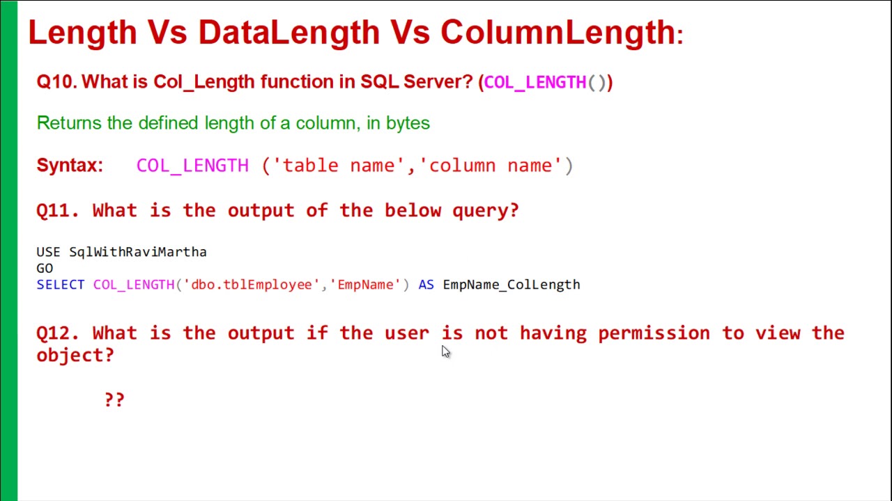 Length Vs DataLength Vs ColumnLength | Len() | DataLength() | Col_Length | Column length() in SQL
