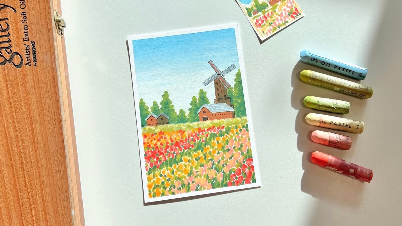 오일파스텔로 네덜란드 튤립 꽃밭 그리기🌷 | Oil pastel Drawing for beginner