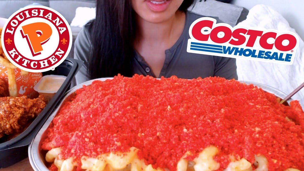 ASMR EATING COSTCO CHEESY MAC N CHEESE POPEYES CHICKEN WINGS MUKBANG REAL SOUND TWILIGHT SHOW