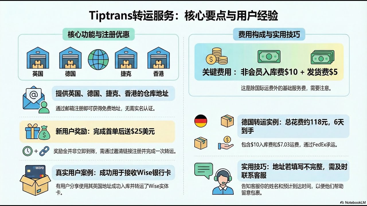 Tiptrans转运实测：免实名获英德港捷地址，注册送$25美元，支持Wise与海淘转运