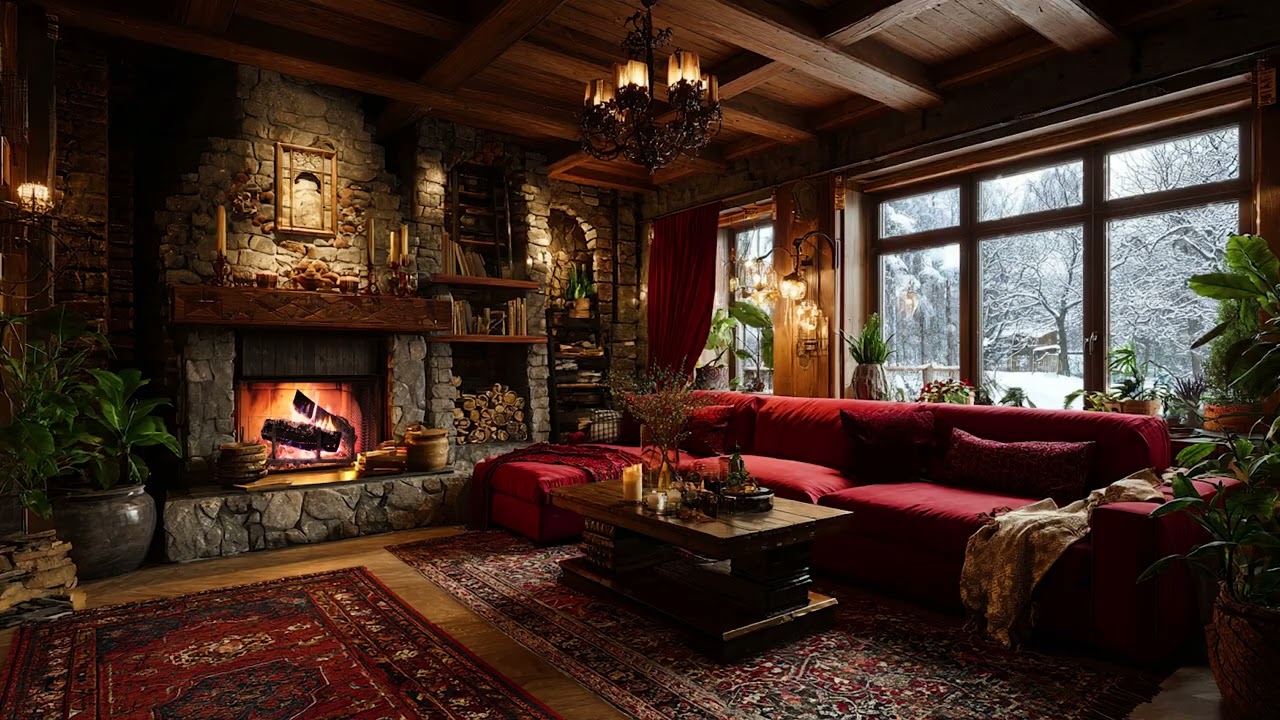 Warming the Soul - Winter Snow Wind Outside and Crackling Fireplace Sounds in a Cozy Room