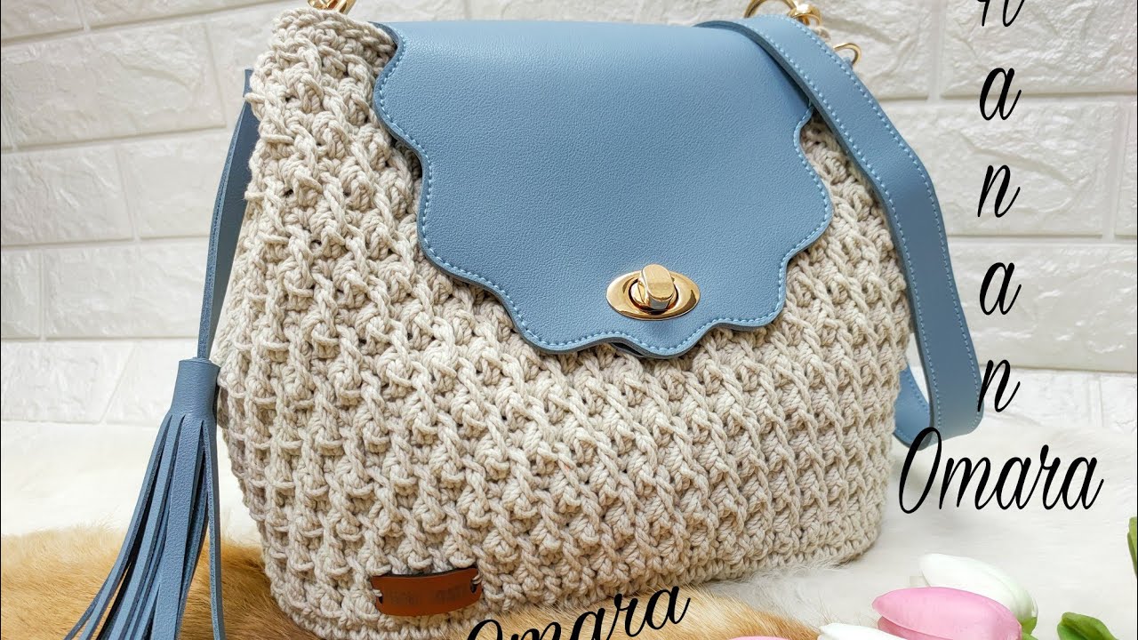 كروشيه شنطة بطقم جلد فلاور.شرح غرزة جبال الالب_Alpine stitch.غرزة مجسمة.بخيط المكرمية القطن.
