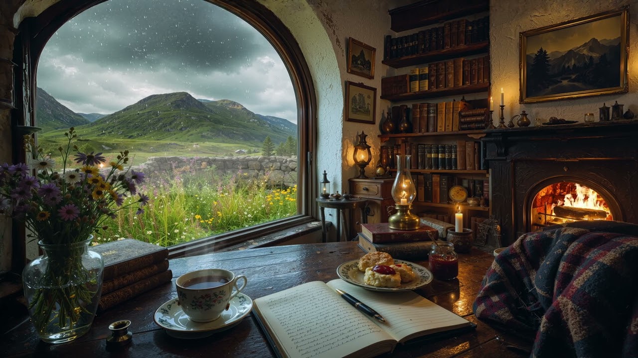 🏔️Scottish Cozy Library Ambience -  Remote Highland Cottage Solitude | Mournful Cozy Study Ambience
