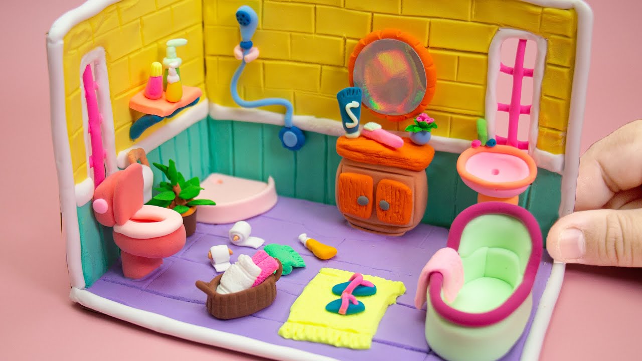 diy miniature polymer clay | amazing technique build diy miniature clay house | bathroom