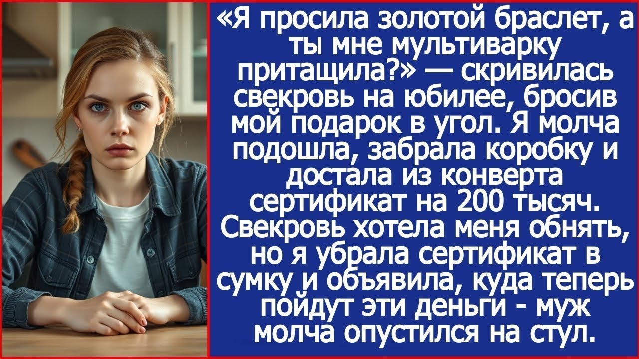 Я просила золотой браслет, а ты мне мультиварку притащила? Скривилась свекровь на юбилее.