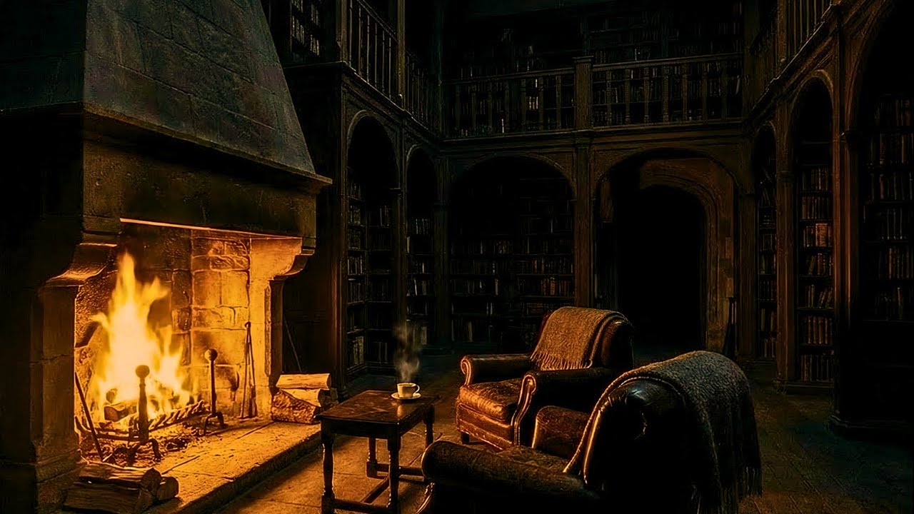Cozy Dark Academia Library 🕯️ 8 Hours of Deep Sleep | Fireplace & Blizzard Sounds ASMR