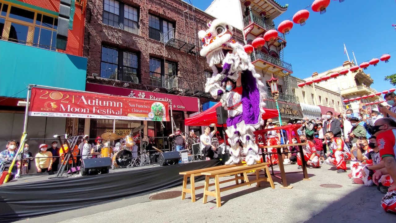 2021 SF Chinatown Moon Festival Lion Dance by Leung’s White Crane || Table Lion Dance Routine