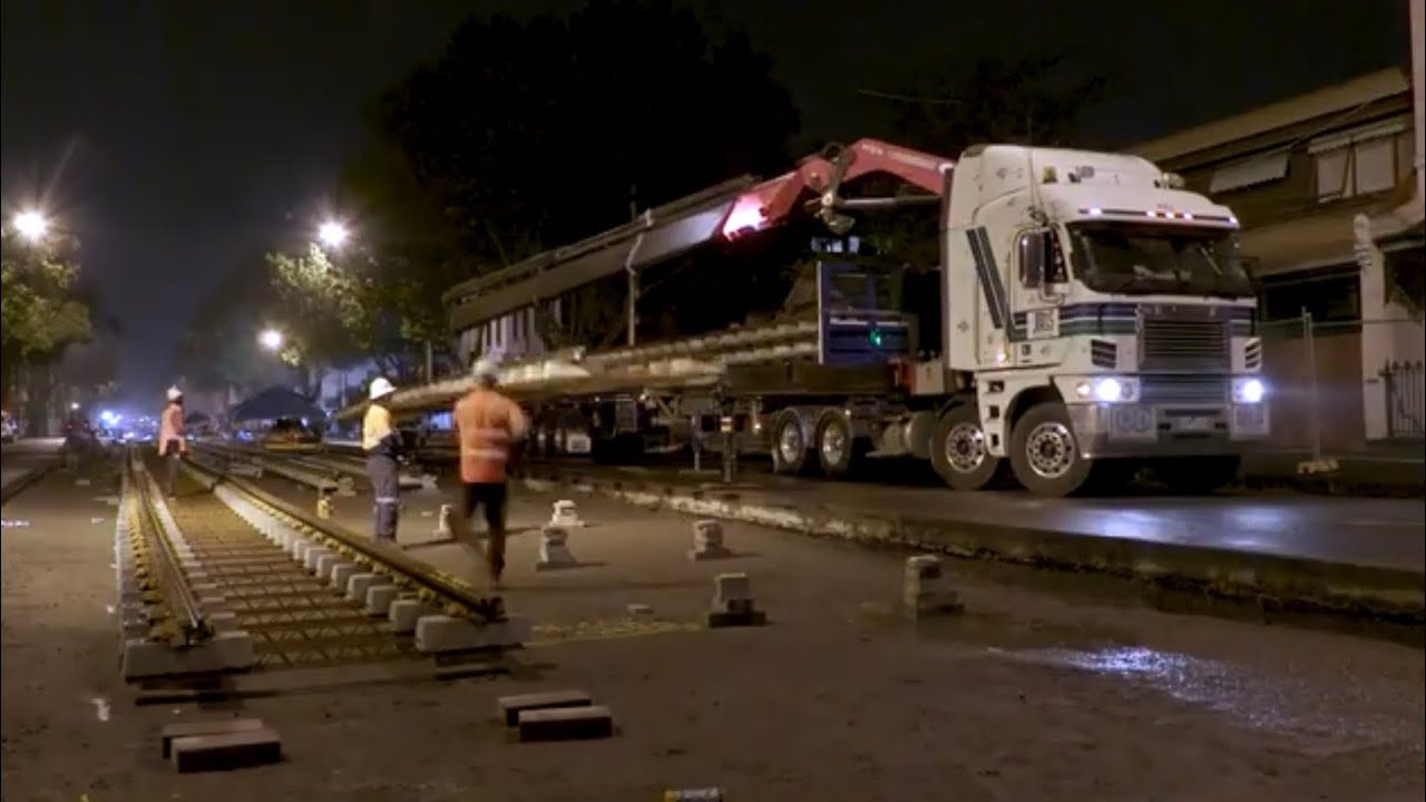 Time lapse construction of tram route 96 in Melbourne. Drone video of construction.