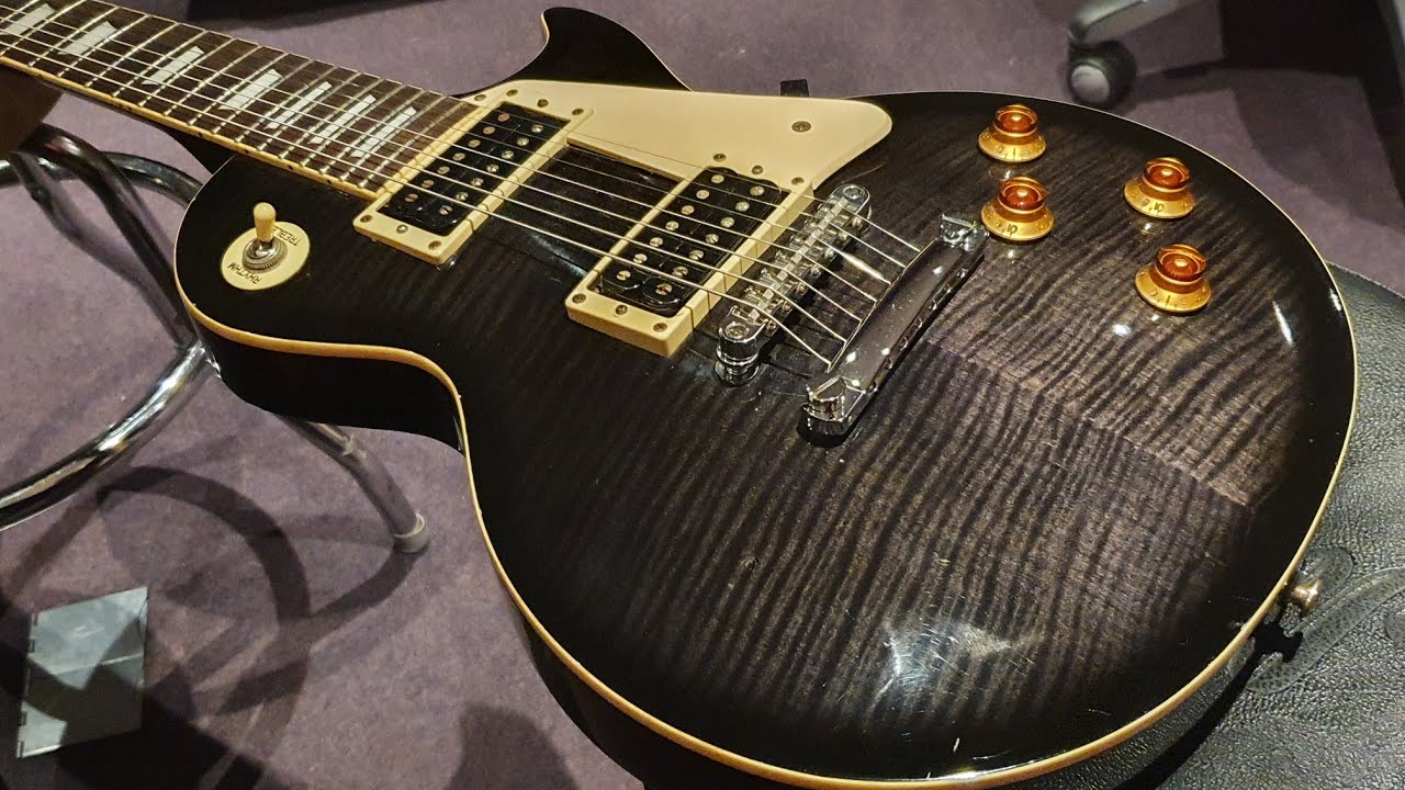 Gibson Epipbone Les Paul 7 String Charcoal Burst Flame Top 2000 Limited Edition Guitar Up Close