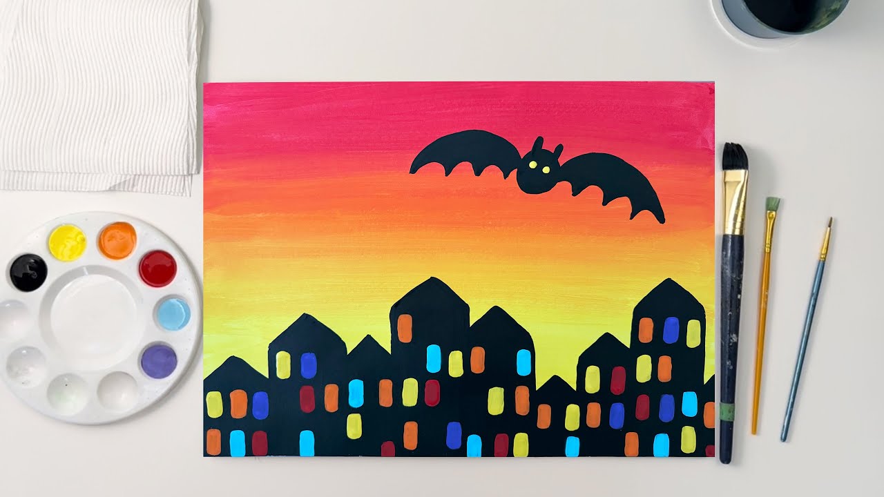 🎨Easy Halloween Bat Painting Step by Step Tutorial for Kids and Beginners! 🦇👻