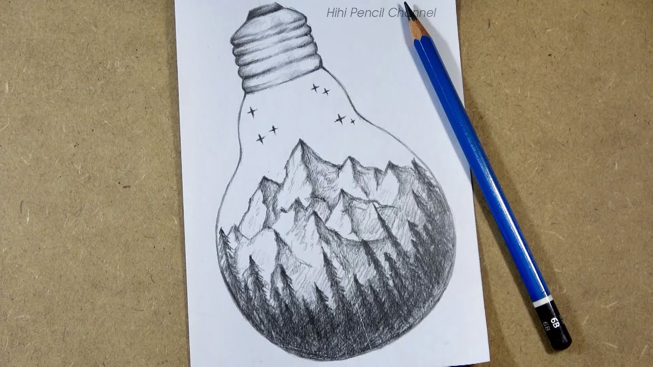 How to Draw Mountain Landscape Scenery in Light Bulb | Hihi Pencil