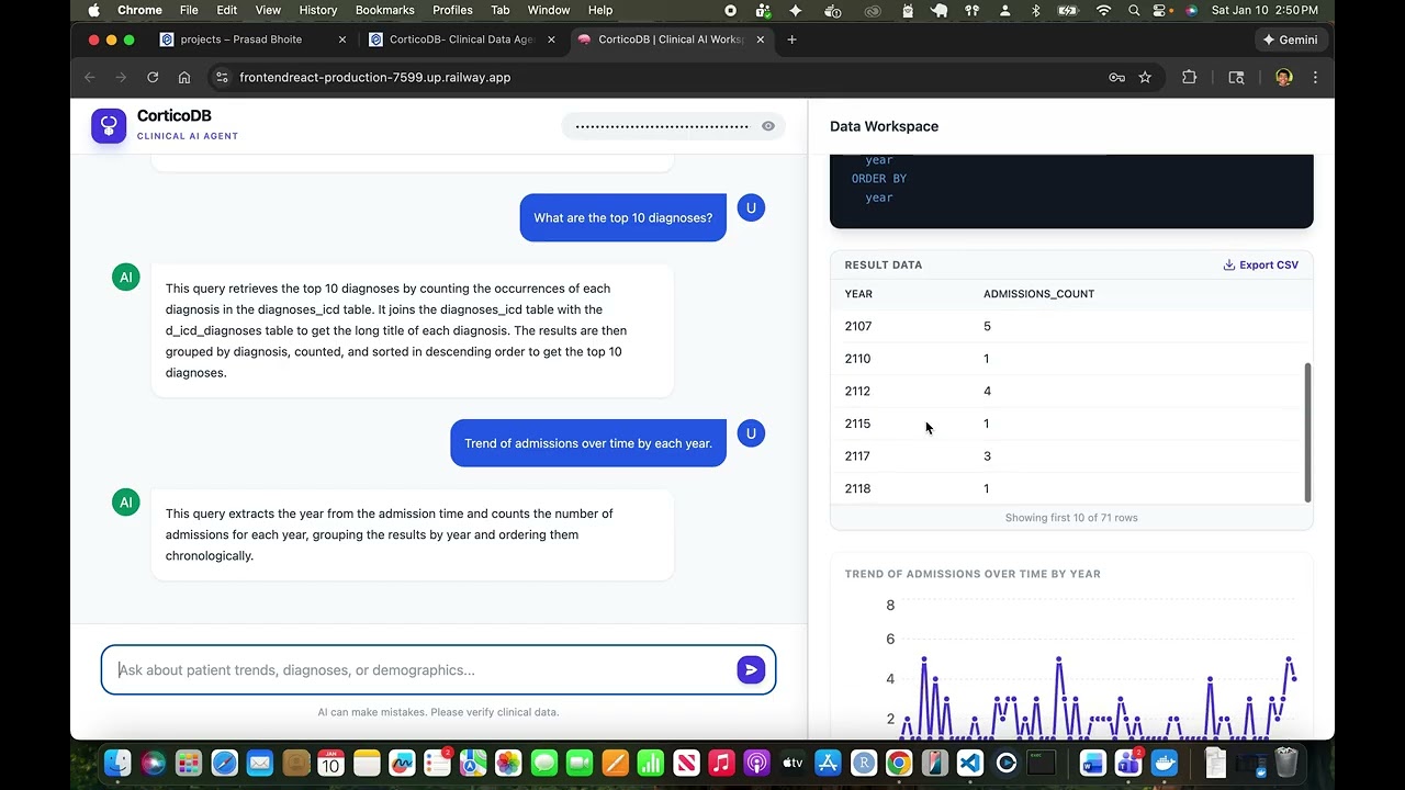 CorticoDB: Agentic Clinical Data Analyst (LangGraph, Docker, & React)