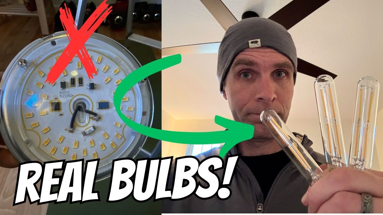 Замените герметичные светодиодные светильники для потолочного вентилятора на настоящие лампочки.