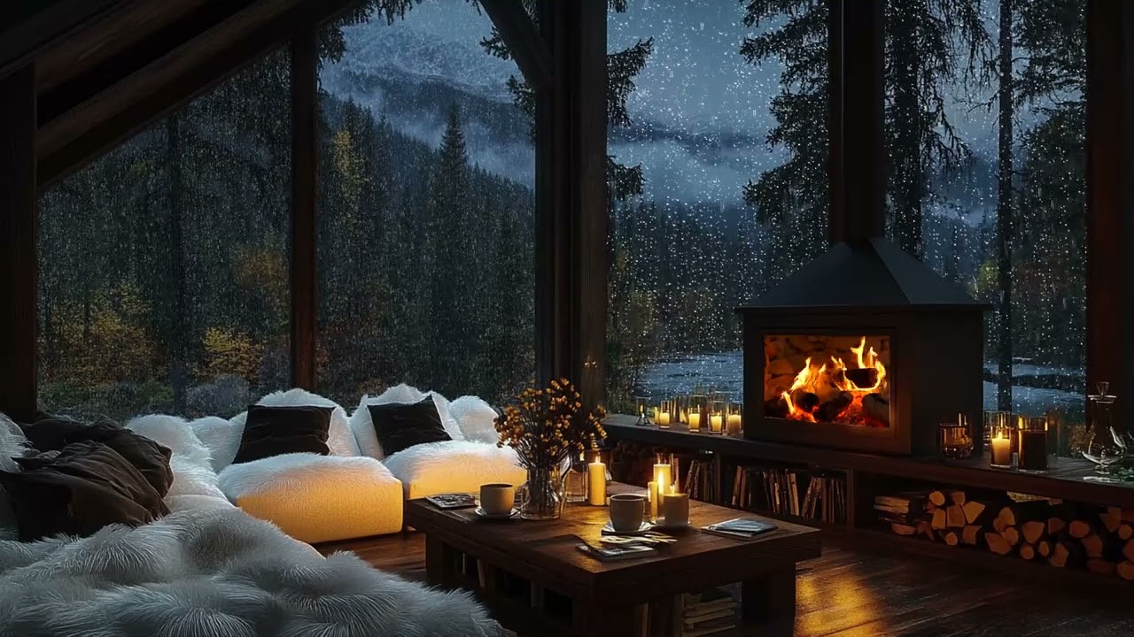 Feel the Firelight and Rain – Cozy Living Room, Piano Notes, and Spring Mountains Beyond the Glass