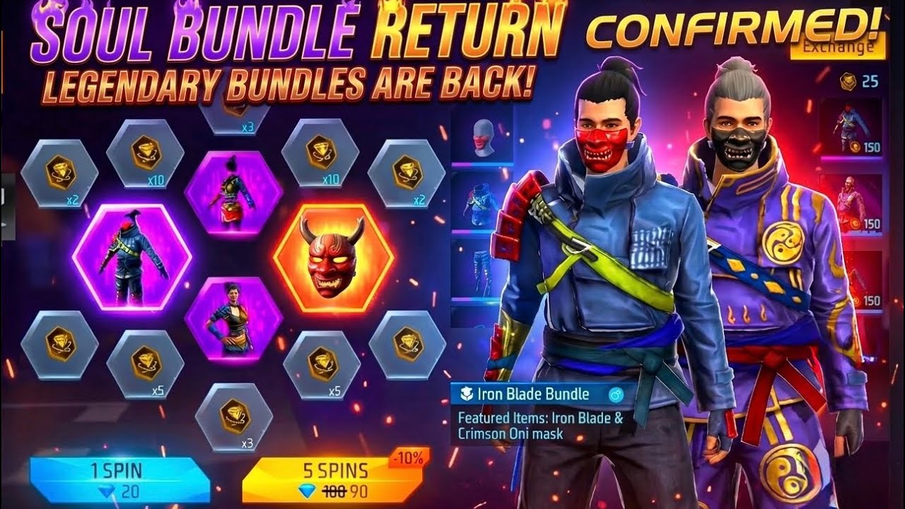 Elusive soul bundle return confirm date | Iron blade bundle return confirm date |Free Fire new event