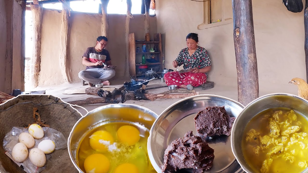 bhumi sarmila cook egg curry with millet flour rice Dhido ढिँडो & enjoying @bhumicooking