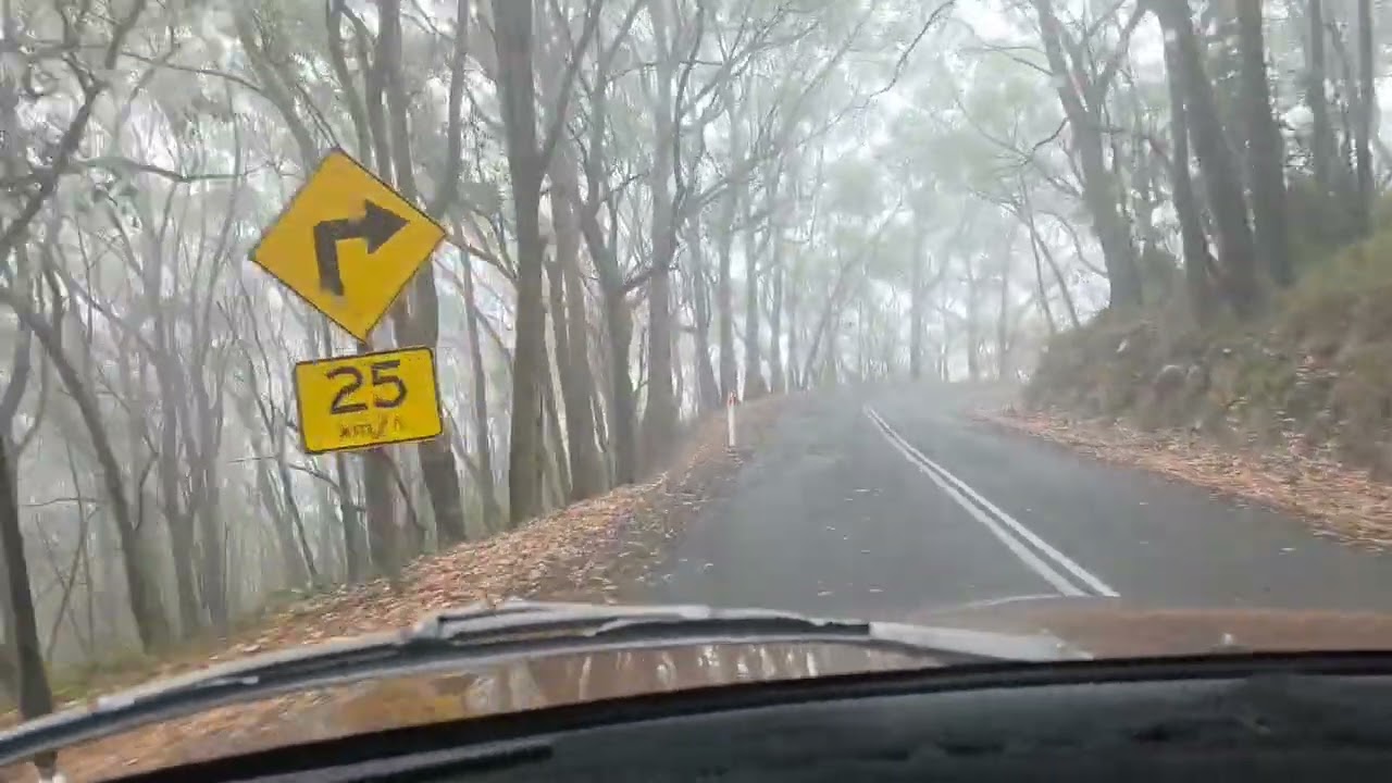 Driving on the foggy Mount Lofty Summit Road (B28)