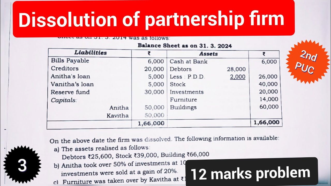 Dissolution of partnership firm 12 marks problem 2nd PUC accountancy