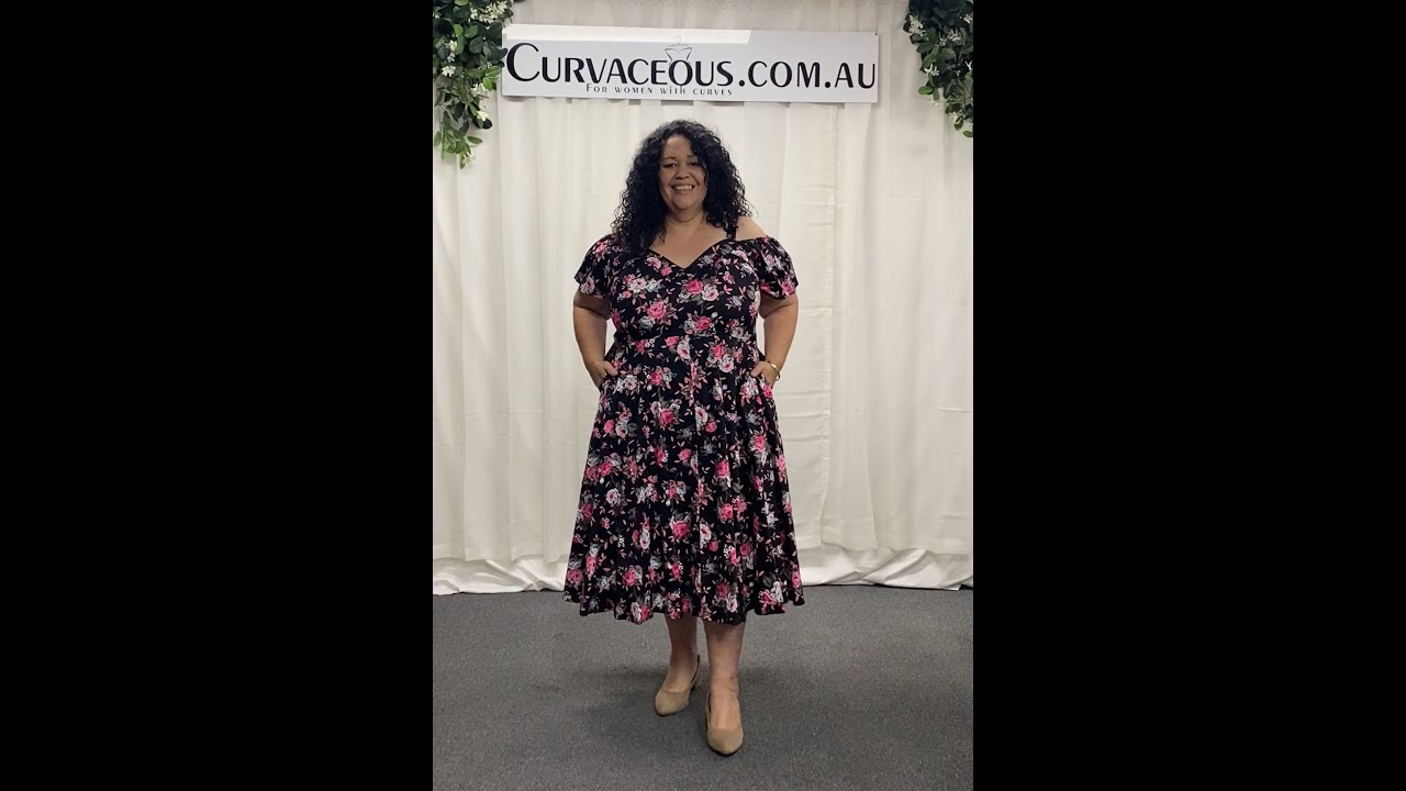 Black Pink Floral Rockabilly Cold Shoulder Dress - CH5230A