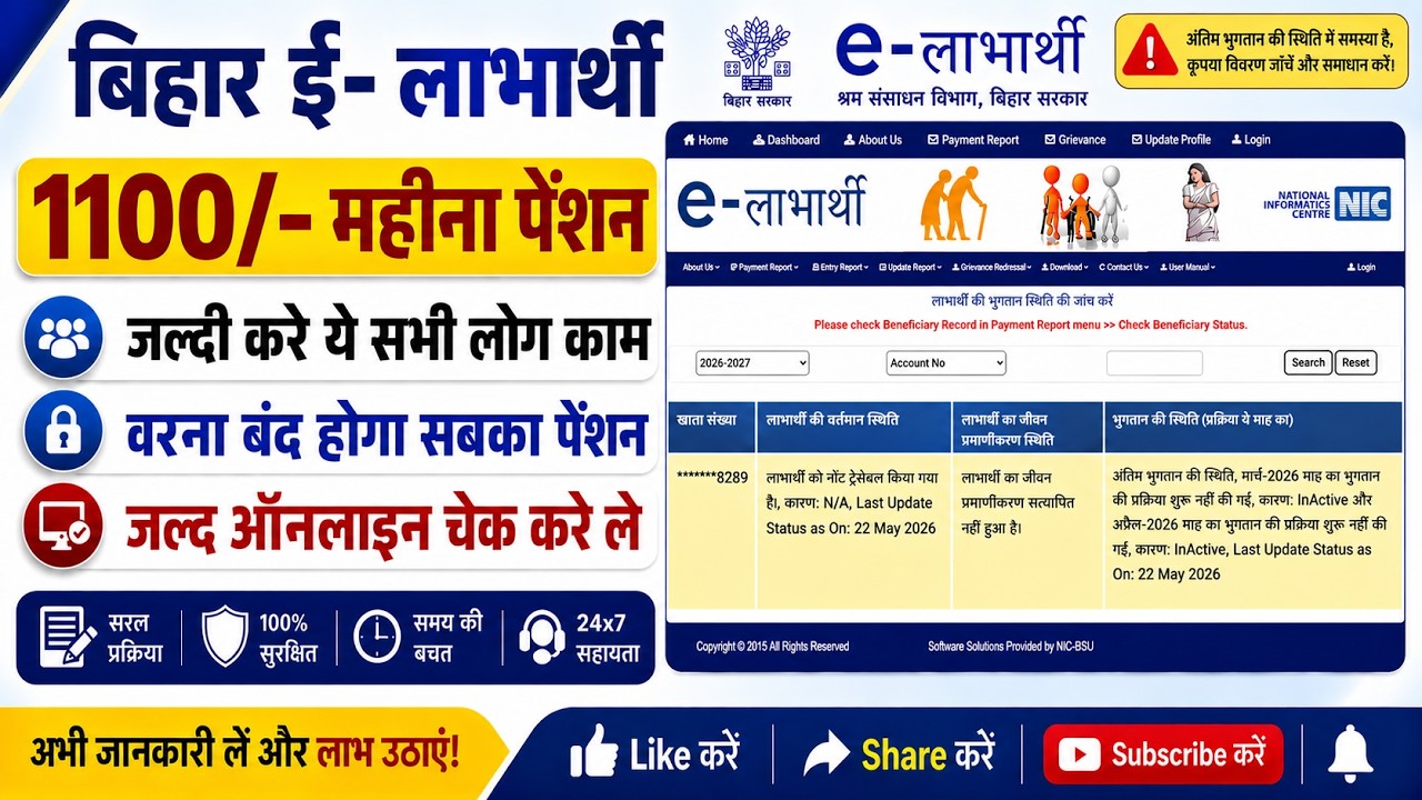 E-Labharthi Pension 2026 New Update 🔥 ₹1100 Pension बंद? Payment Status Check Online Bihar
