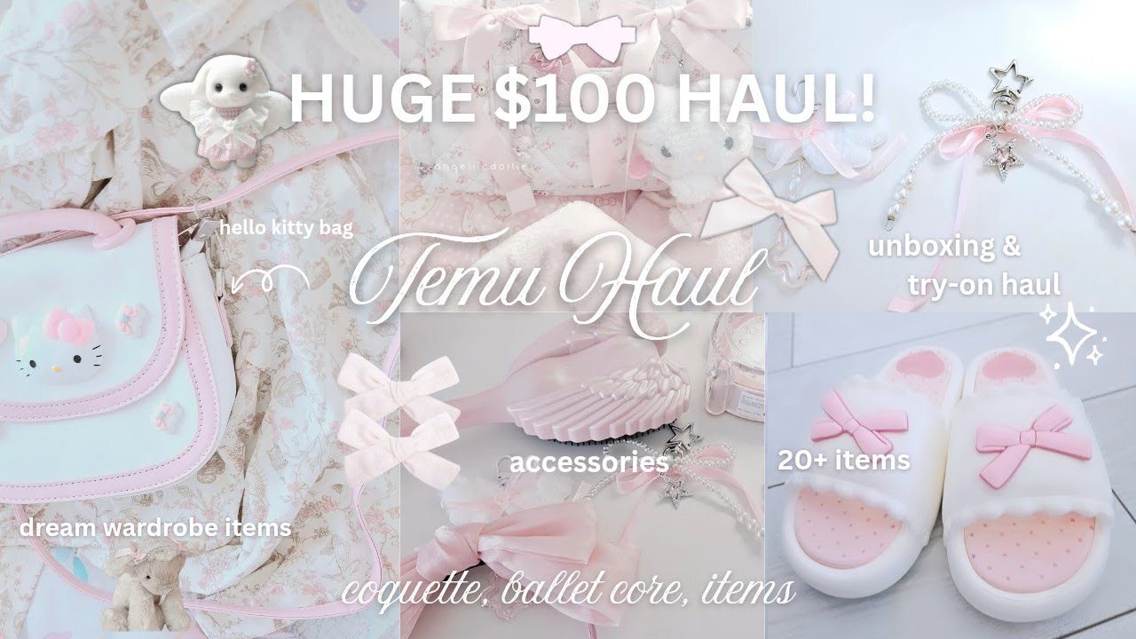 $100 HUGE try-on haul! 🎀˚꩜ (20+ items) ꣑ৎ shoes, sanrio bag, coquette outfits | ft. Temu 🩰