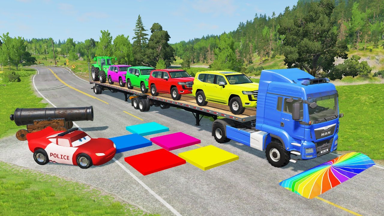 Flatbed Truck McQueen | Transportation with Truck - Pothole vs Car #24 | BeamNG.Drive Gameplay