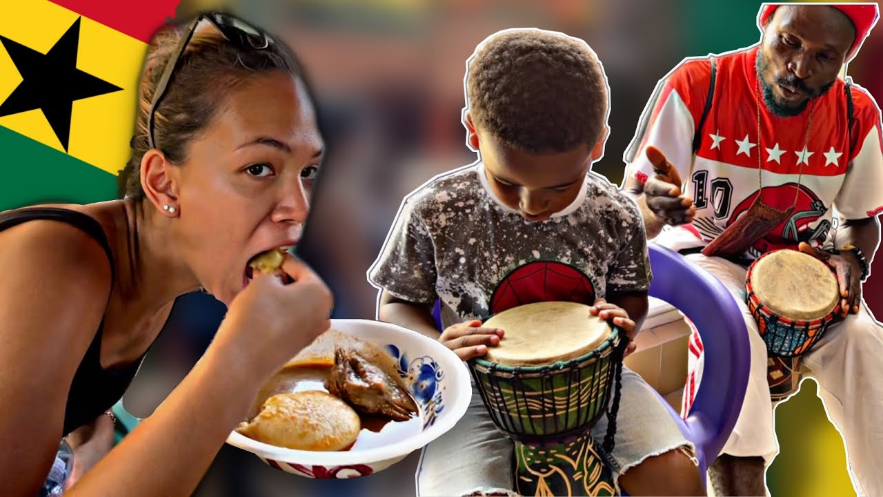 FUFU essen ZUM 1. MAL auf einem MARKT in GHANA 🇬🇭 KAYDEN TROMMELT zum 1.MAL 😍