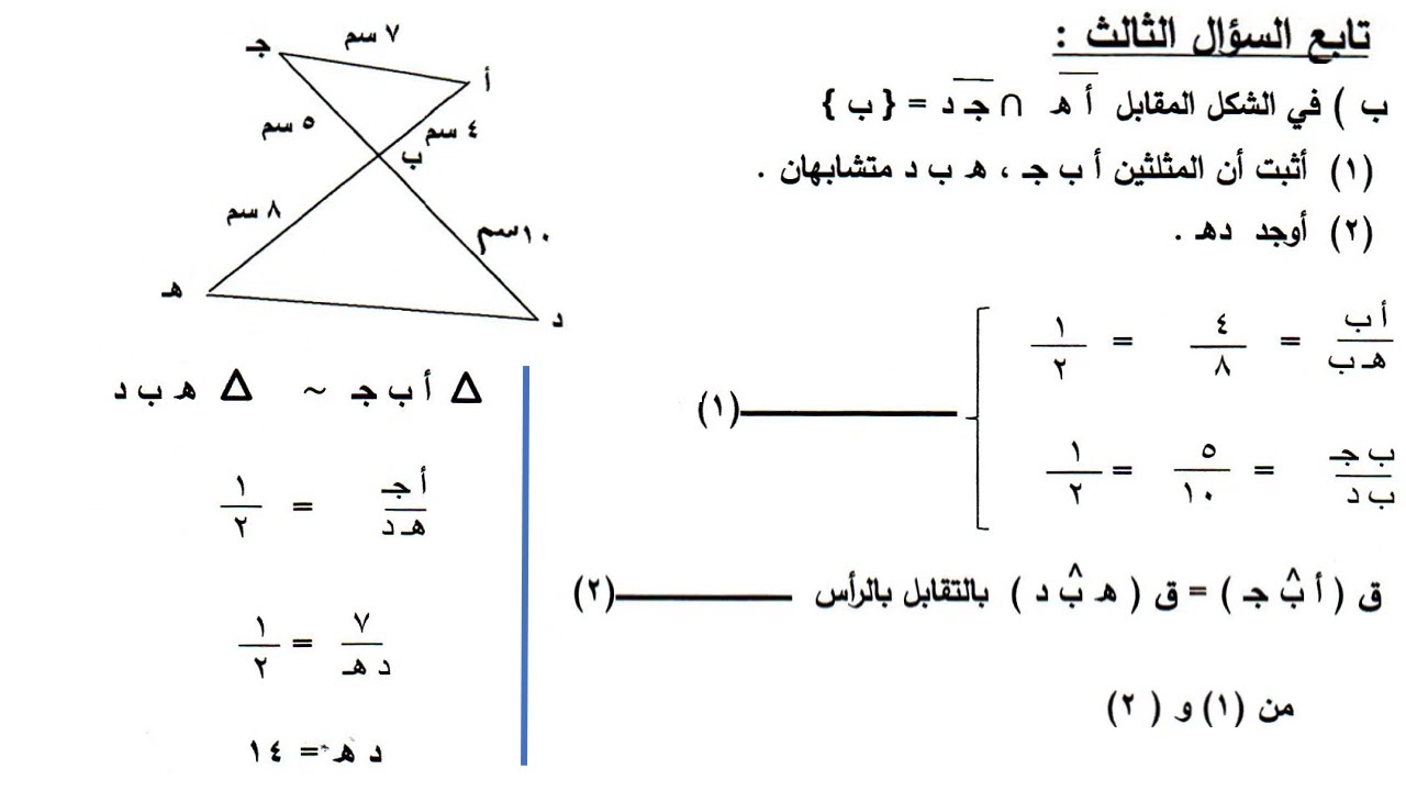 الصف العاشر - الرياضيات - حل نموذج اختبار نهاية الفصل الأول