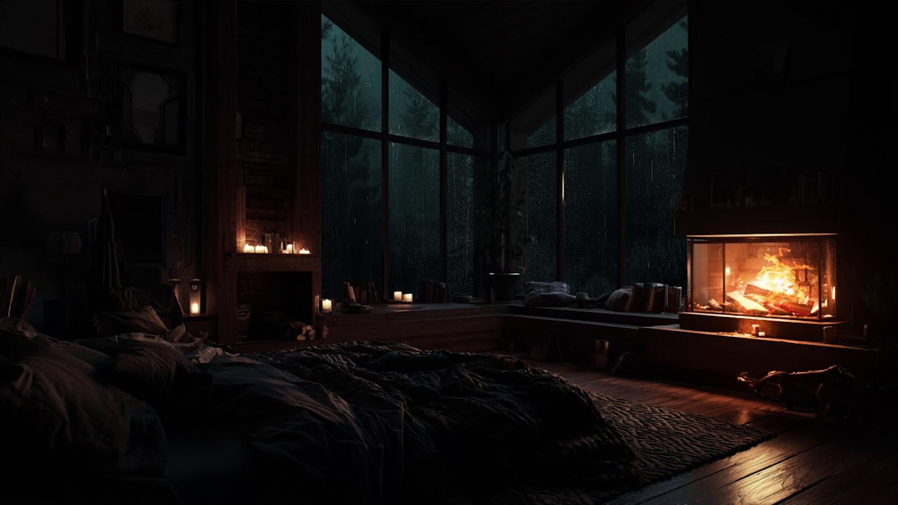 A warm forest cabin at night as rain and fire create a gentle atmosphere