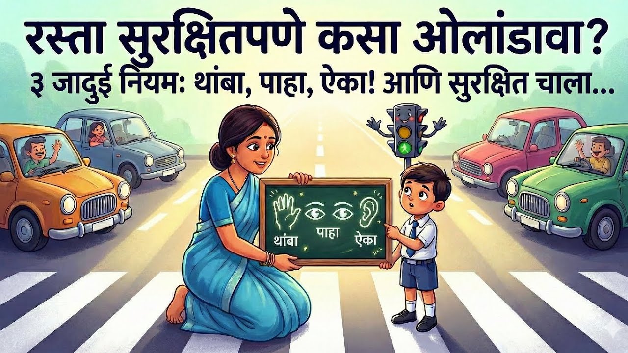 रस्ता सुरक्षित ओलांडण्याचे 3 जादुई नियम :- थांबा, पाहा, ऐका! आणि सुरक्षित चाला... #roadsafetycontent