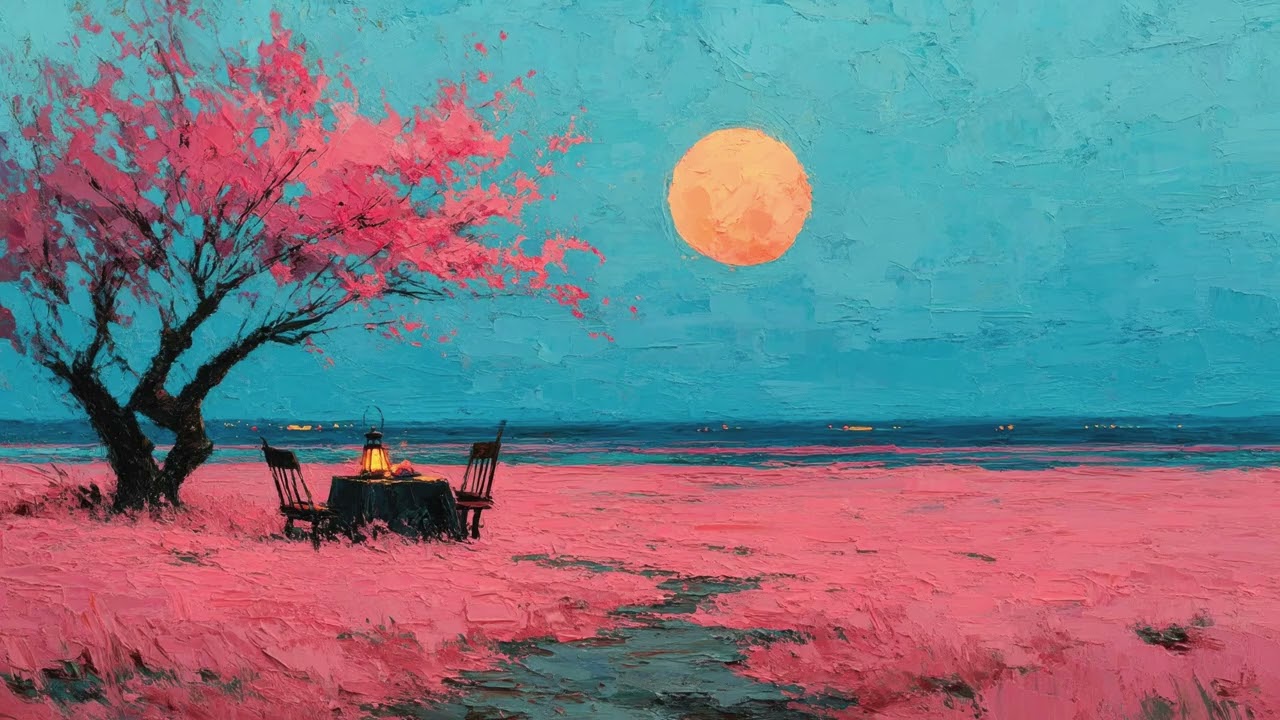 Moonlit Pink Shore Picnic | 1 Hour Dreamy Cinematic 4K Oil Painting TV Wallpaper Ambience