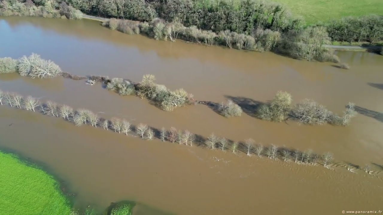 Travellings a&eacute;riens 4K des inondations de l'Oust &agrave; Saint-Congard (56) pr&egrave;s de Malestroit 28/01/2026