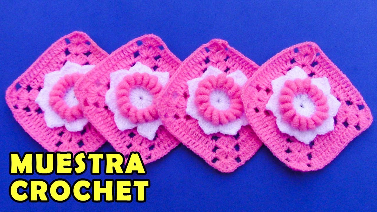 Cuadrado o muestra a crochet con flores en punto rococo para colchas, cojines, mantitas