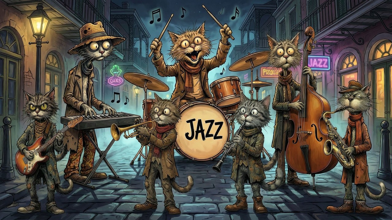 🎷🐱🎷4K Relaxing Cat Dixieland Jazz in the Nighttime French Quarter | Cozy Music for Deep Focus