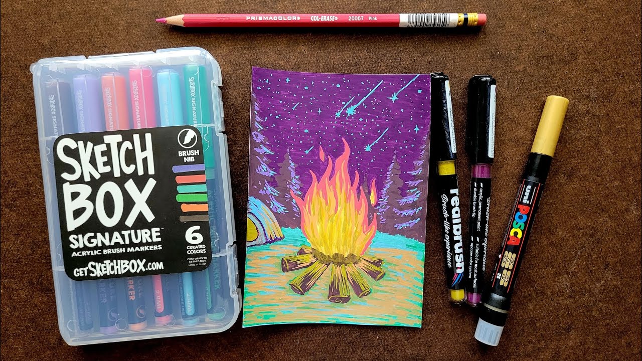 Campfire drawing with acrylic markers | SketchBox premium August 2025 | Trying new art supplies 