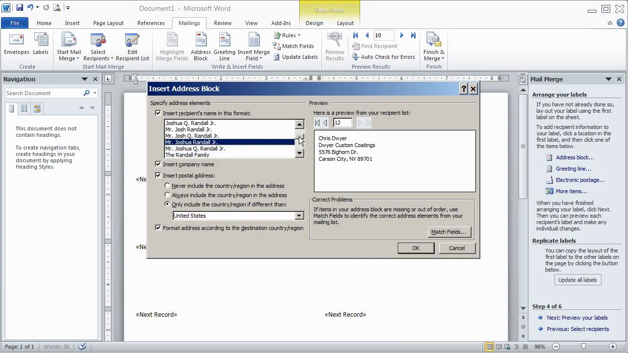 How to use Word 2007/2010 Mail Merge Wizard to print Avery Mailing Labels using Outlook Contacts