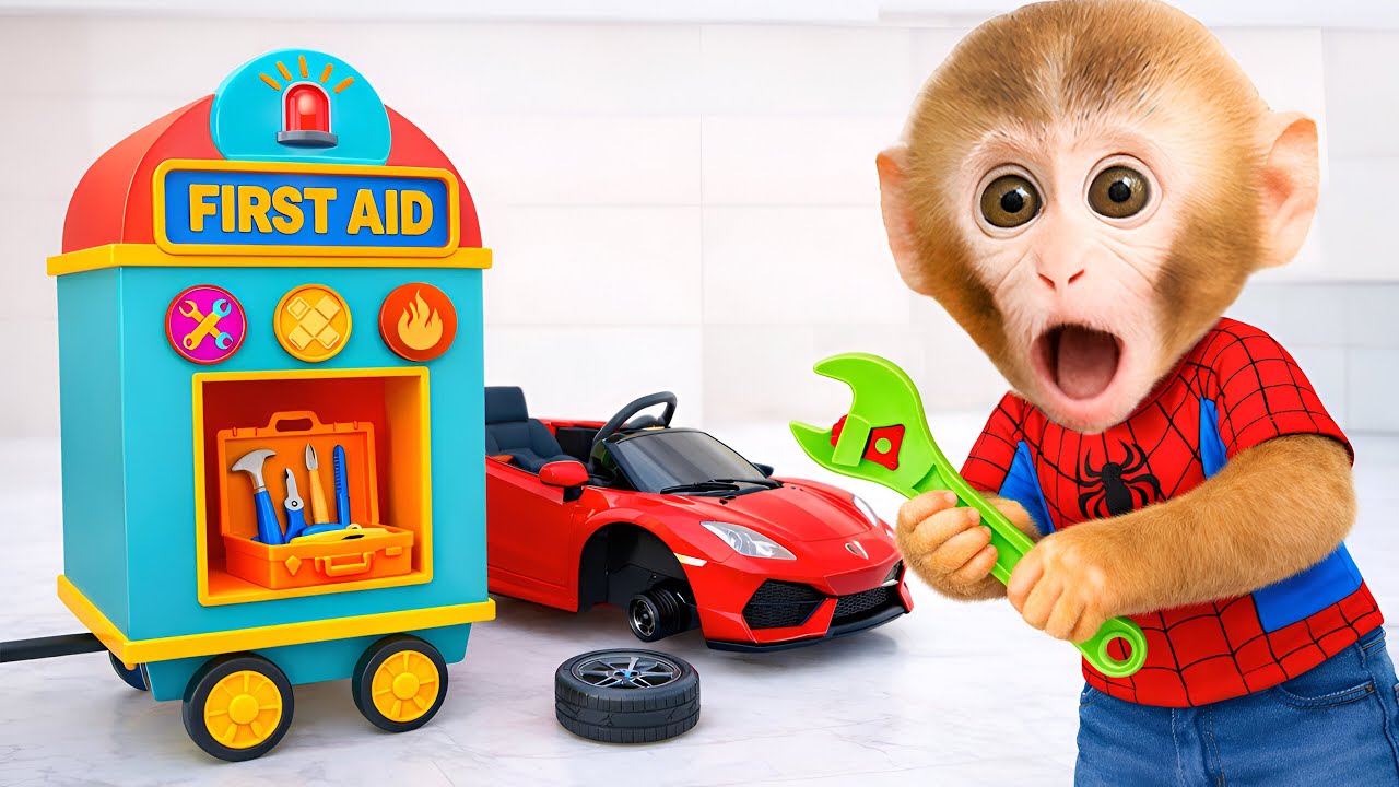 小猴子 Kika 修理小汽车出大事了！🛠️🚗