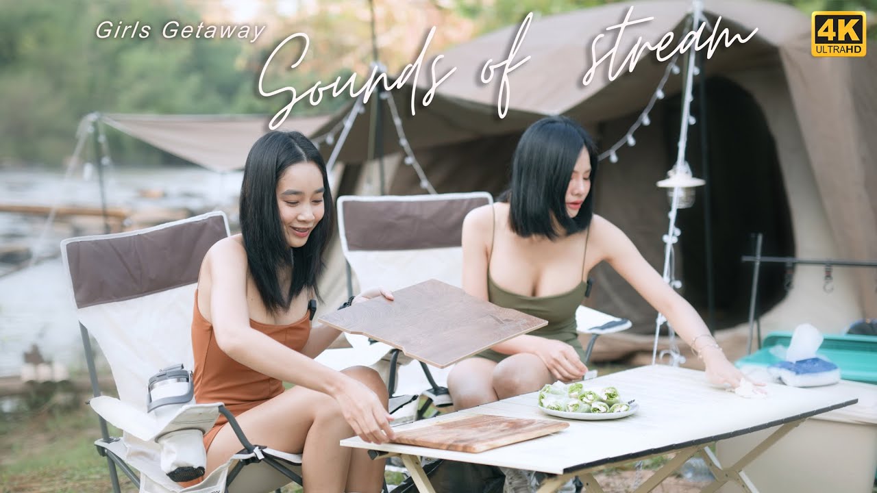 Cute girls tent on river island, grilling food, relax to sounds of flowing stream /ASMR camping EP19