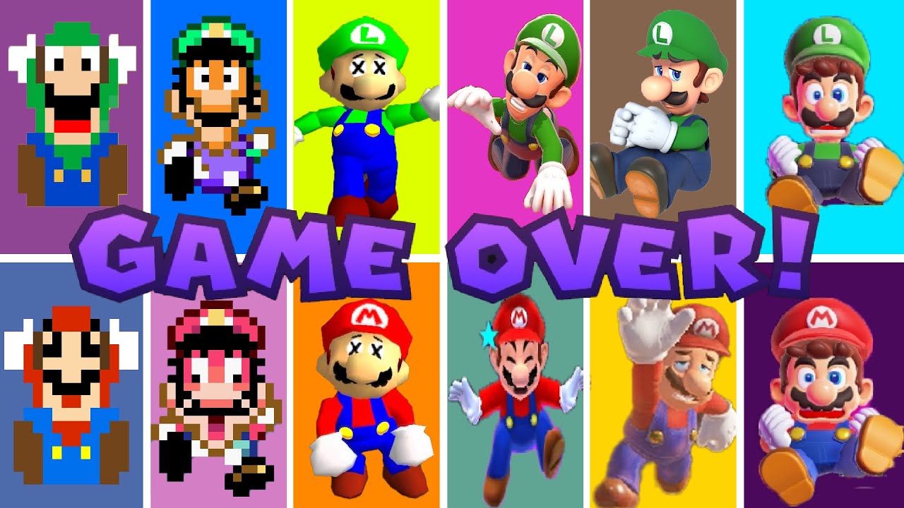 Evolution of Mario Luigi Dying and Game Over Screens in Super Mario Games And Fan Mod (1985-2024)