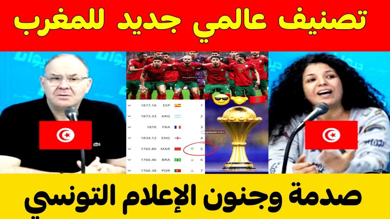 صدمة الاعلام التونسي بعد تصنيف المغرب 05 عالميا وتراجع رهيب لتونس في ترتيب الفيفا بسبب منتخب المغرب