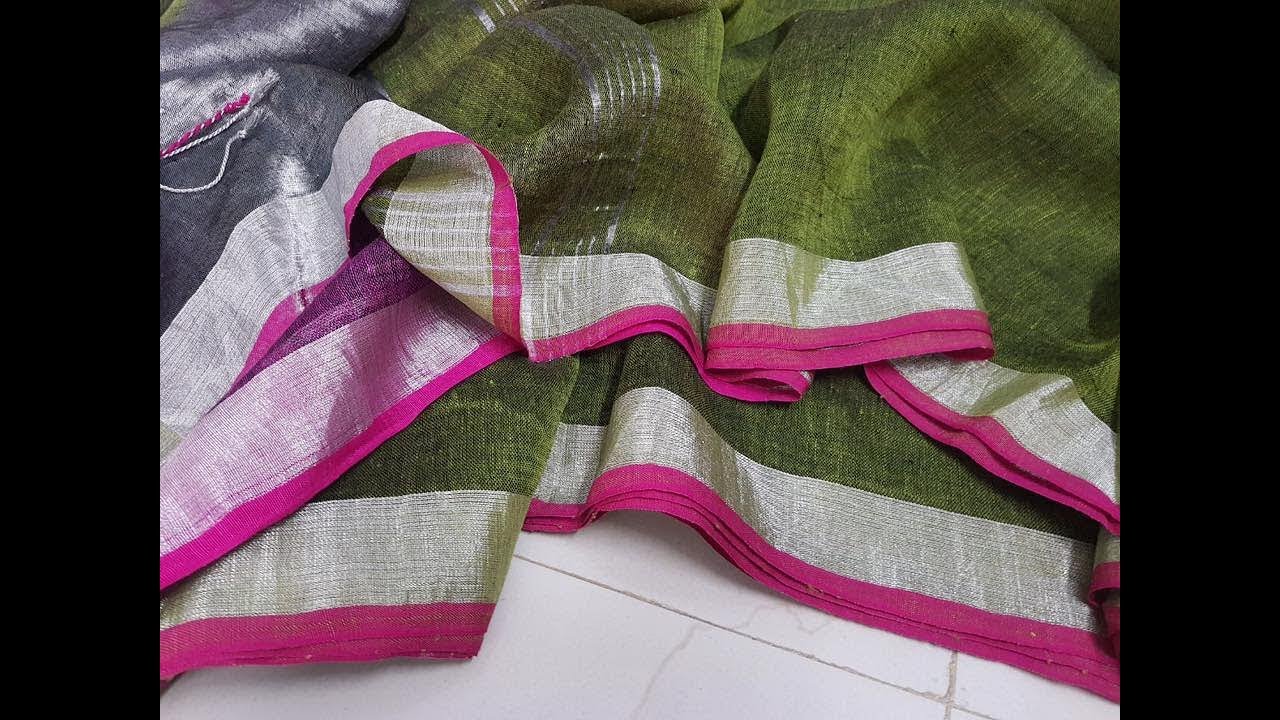 Latest 2018 Trend Silver Zari Linen Sarees With Contrast Blouse || Pure linen sarees zari border