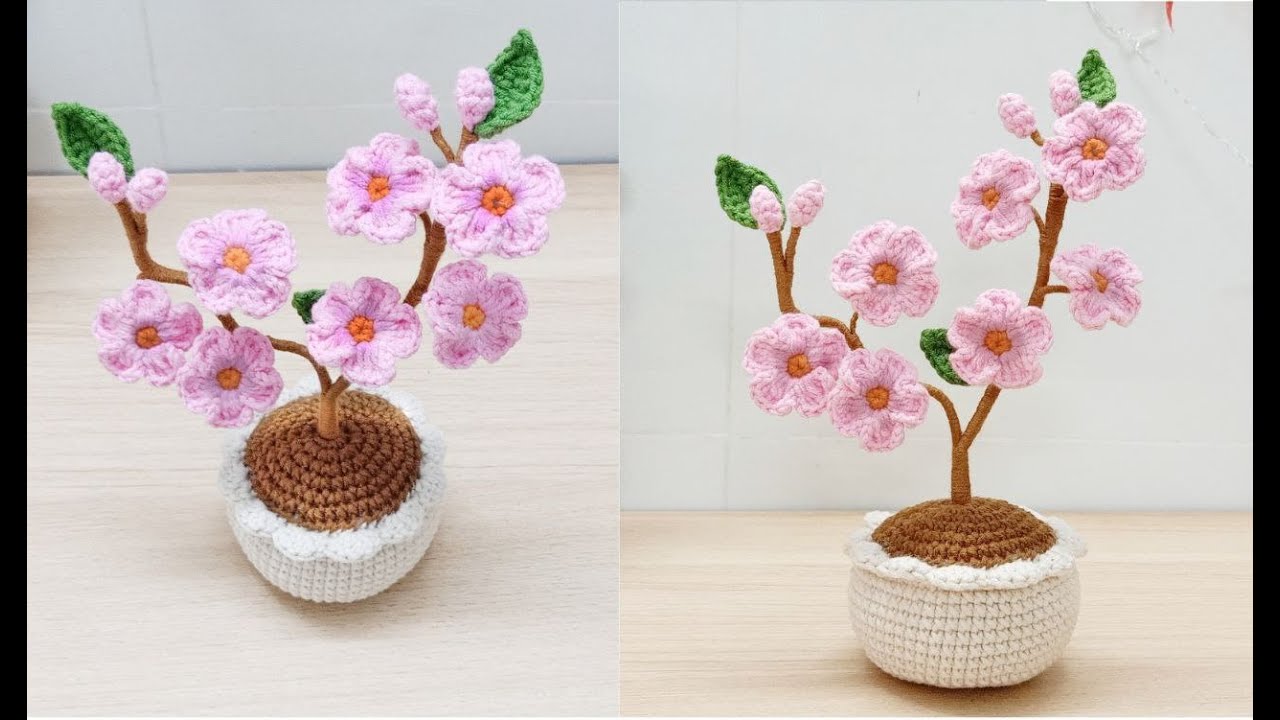 Crochet peach blossom | Hướng dẫn móc chậu hoa đào mini