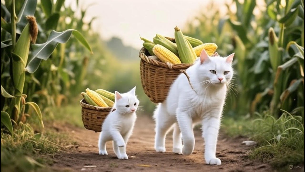 Kitten Helps Tired Mama Cat Harvest Corn – Rewarded with Homemade Cornbread! 🐾🌽❤️