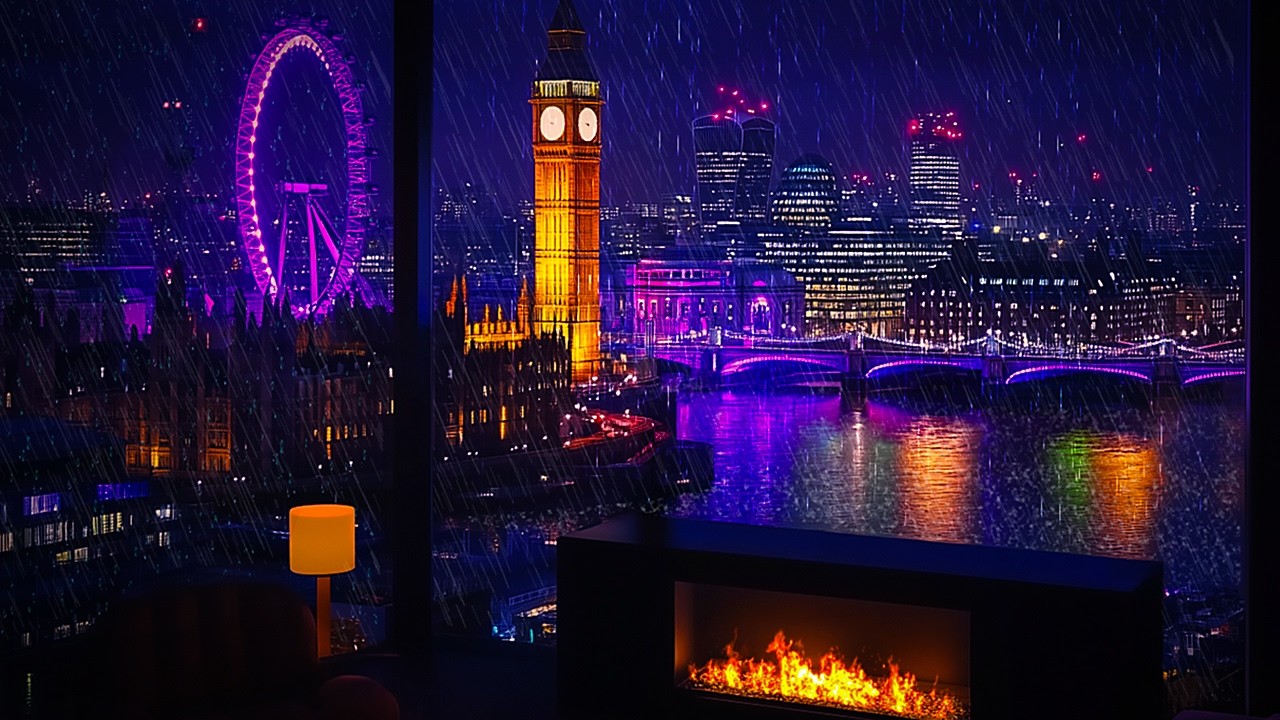 Rainy Night in a London Penthouse 🌧️ Rain & Fireplace Sounds for Deep Sleep (2 Hours)