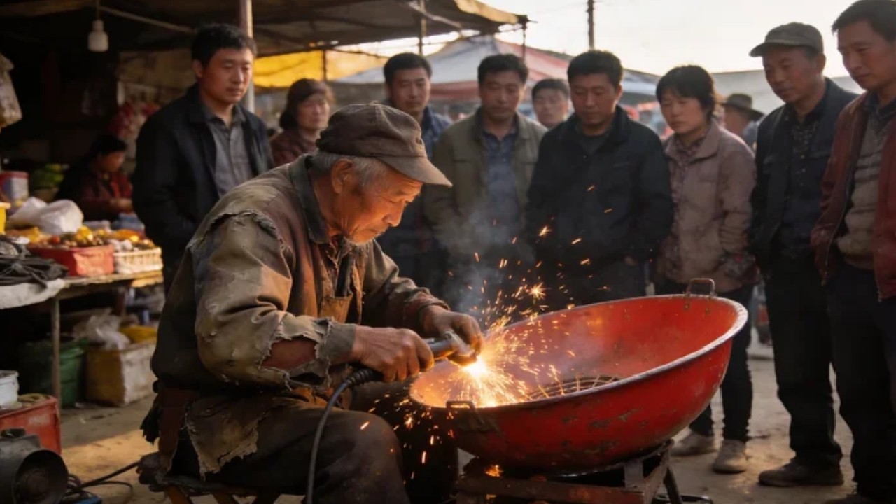 70岁老铁匠赶集补盆底，10元修好破烂的铁盆，修好还能用100年！