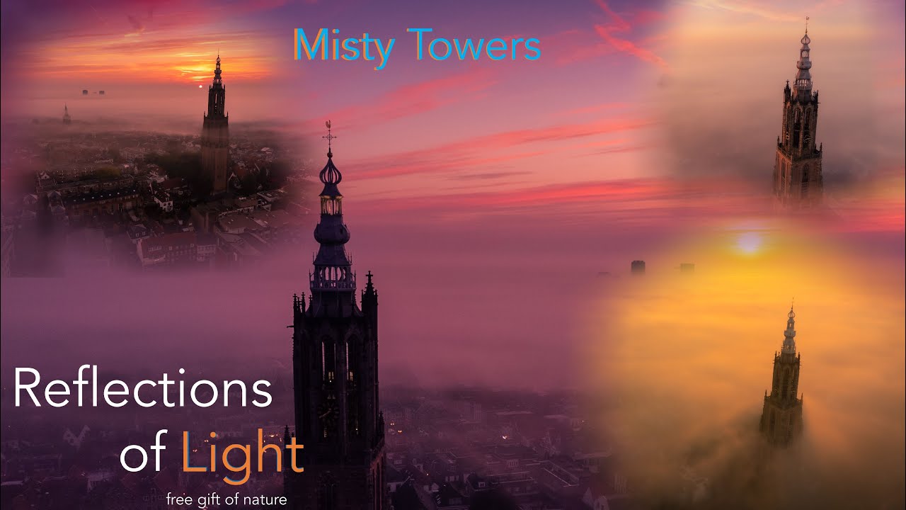 Misty Towers. Onze lieve Vrouwe toren, Amersfoort zonsopkomst in de mist. (4K)