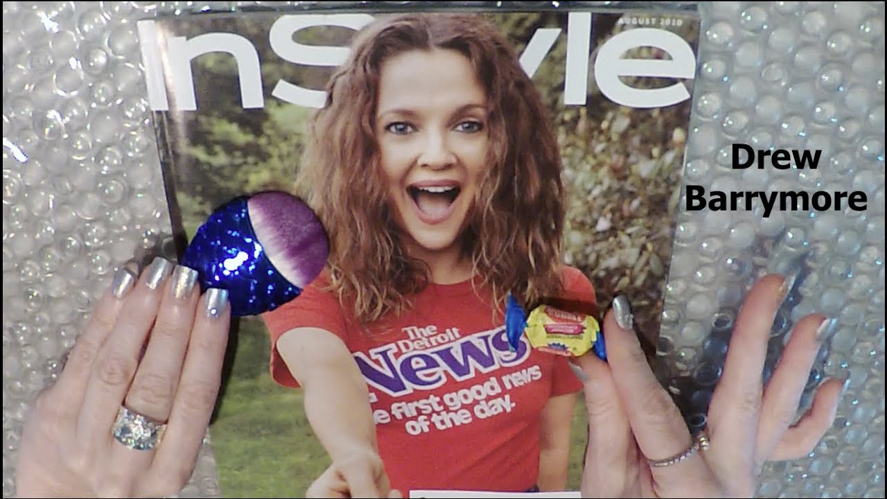 ASMR Gum Chewing Magazine Flip Through with Tingly Whispers and Spine Creasing | Drew Barrymore