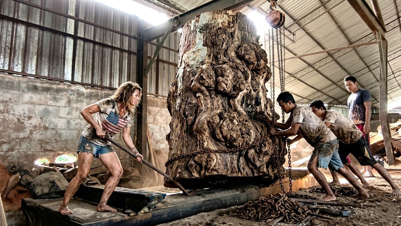 CRAZY WOOD SAWING JOB 😱 Cutting a Large, Flat Trembesi Tree Trunk🌲