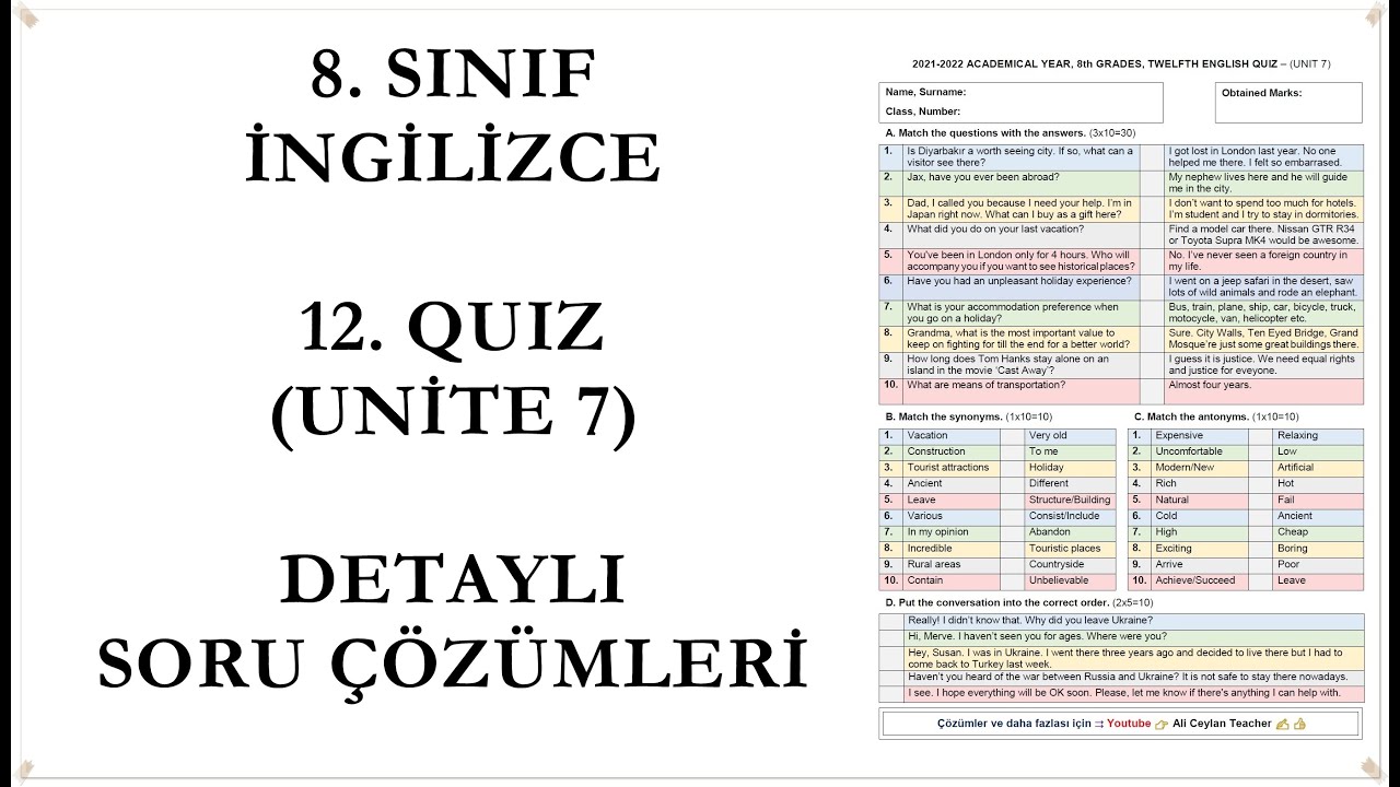 İngilizce, 8. Sınıf, 12. Quiz ve Detaylı Çözümleri (Ünite 7) #Lgs #İngilizce