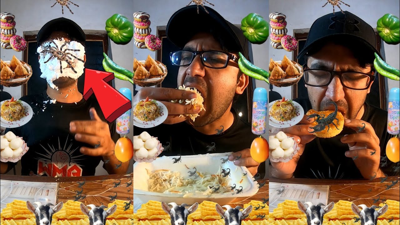 slow to fast eating bottle flip challenge!!Spider,insects,rice,etc!!mukbang
